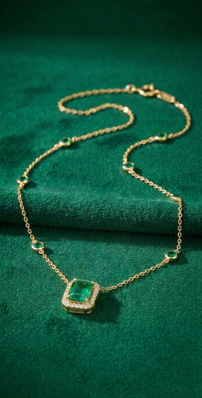 Menat Station with Emerald Center — Colombian emerald necklace by VEDRA Emeralds (ref. MC02)
