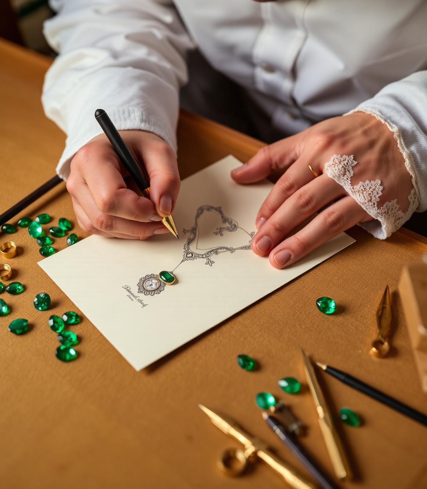 A VEDRA jeweller sketching a bespoke Colombian emerald design